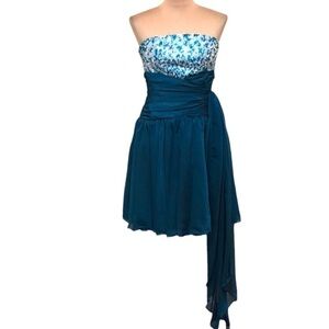 Vintage 80s Cocktail Dress Size XS Teal Blue Sequin Pearl Asymmetrical Hem